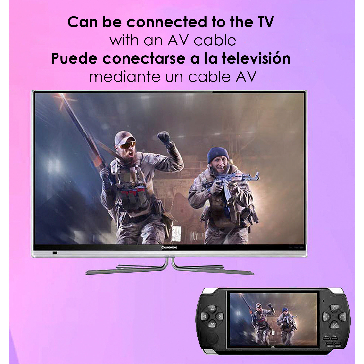 Consola de videojuegos X6 con juegos clásicos preinstalados. Reproductor multimedia con grabadora de sonido, cronómetro, calculadora y calendario.