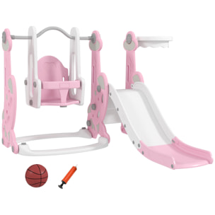Tobogán Infantil 4 en 1 Parque Infantil con Columpio y Tobogán Escalador Aro de Baloncesto Temática de Cohete para Interior Rosa y Blanco