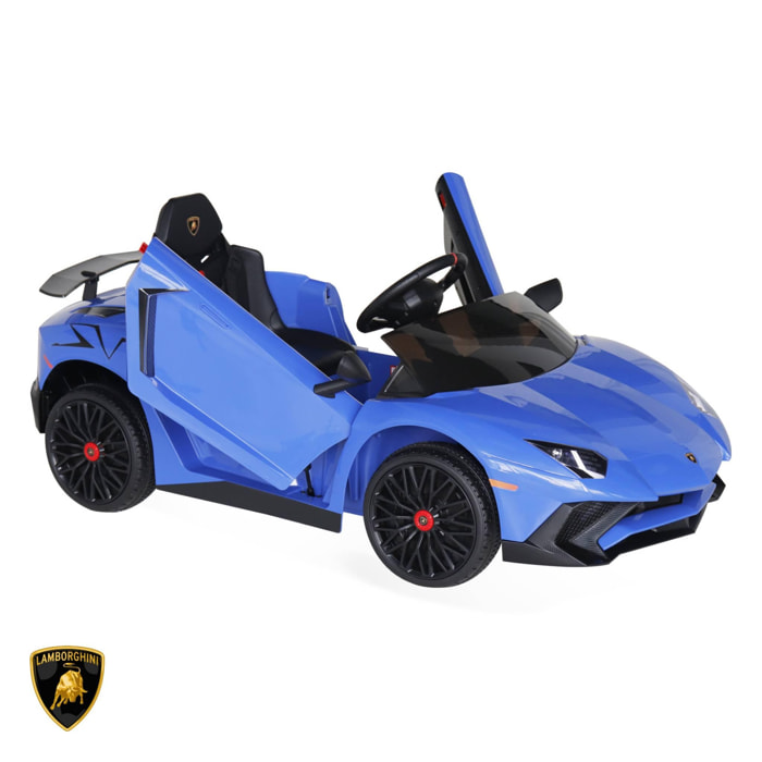 Voiture électrique 12V pour enfant Lamborghini. bleu. 1 place. avec autoradio. télécommande. MP3. port USB et phares fonctionnels