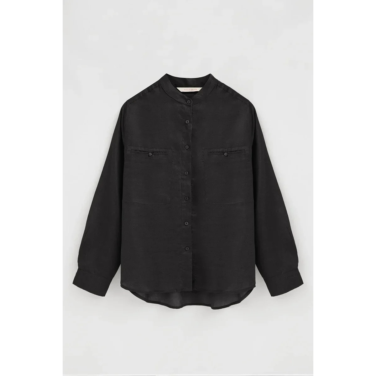 Camicia nera in ramie con collo alla coreana e fit ampio con ricamo Polo Club