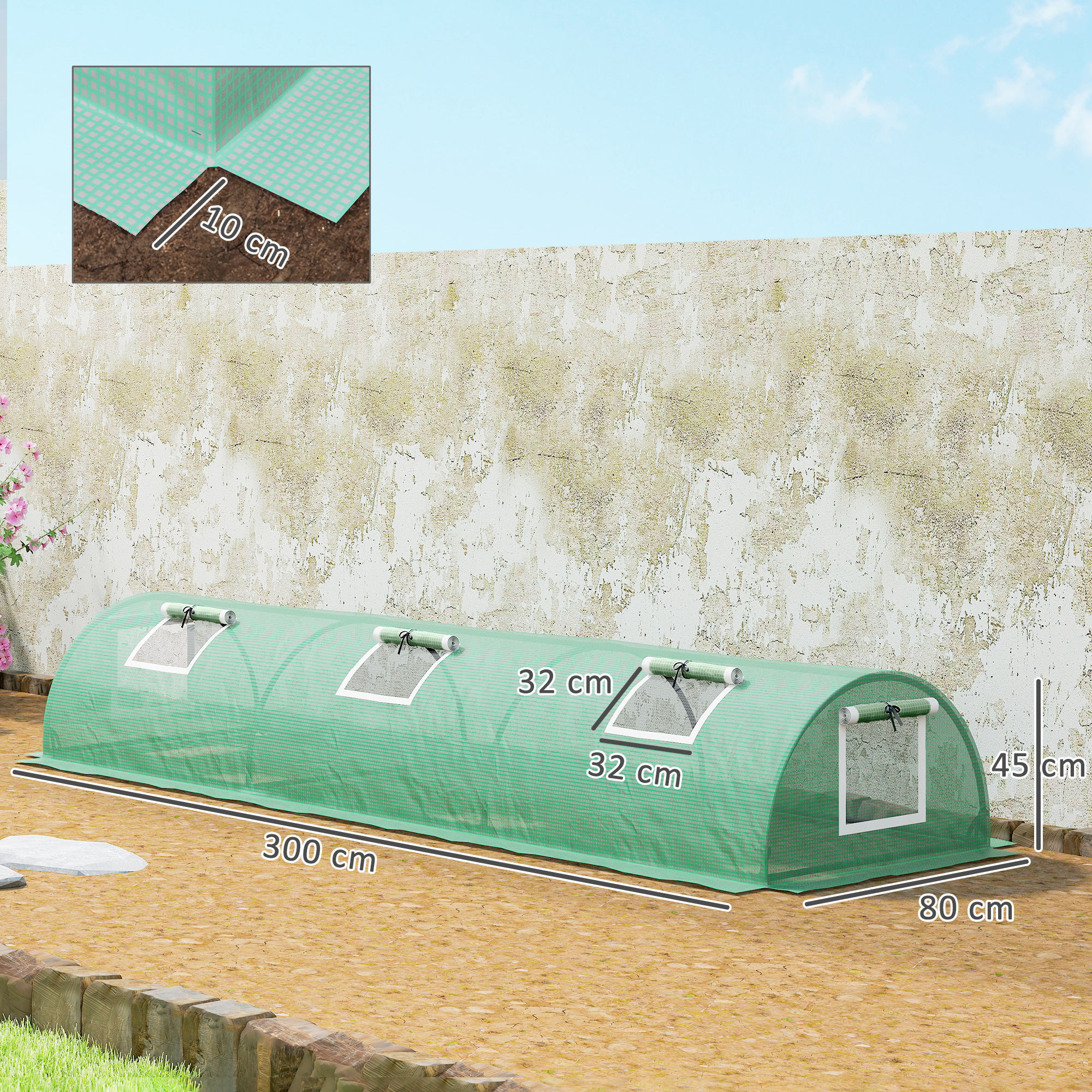 Invernadero de Exterior, 300x80x45 cm, Invernadero de Jardín con 5 Ventanas Enrollables de Malla, Marco de Acero y Cubierta de PE 140g/Ã£Å½Â¡ Anti-UV para Cultivos, Plantas, Flores, Verde