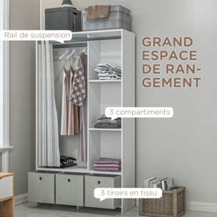 Vestiaire d'entrée - barre de penderie, 3 niches, 3 tiroirs tissu, rideau - panneaux blanc polyester lin gris clair