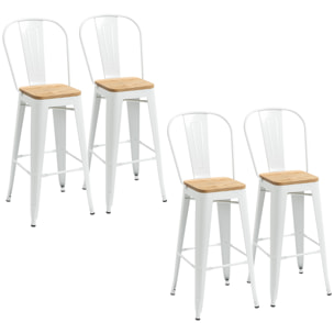 Juego de 4 Taburetes Altos de Cocina Apilables con Respaldo Alto Taburetes de Bar con Reposapiés Asiento de Madera y Marco de Acero Carga 120 kg 44x53x116 cm Blanco