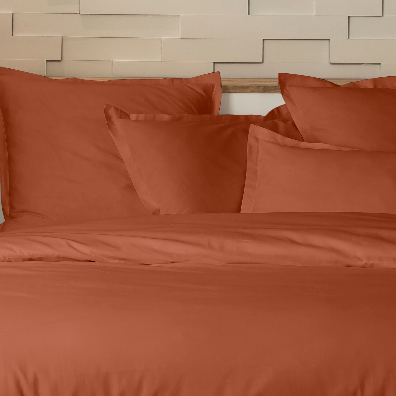 Parure housse de couette + taie(s) 100% percale de coton unie - terracotta
