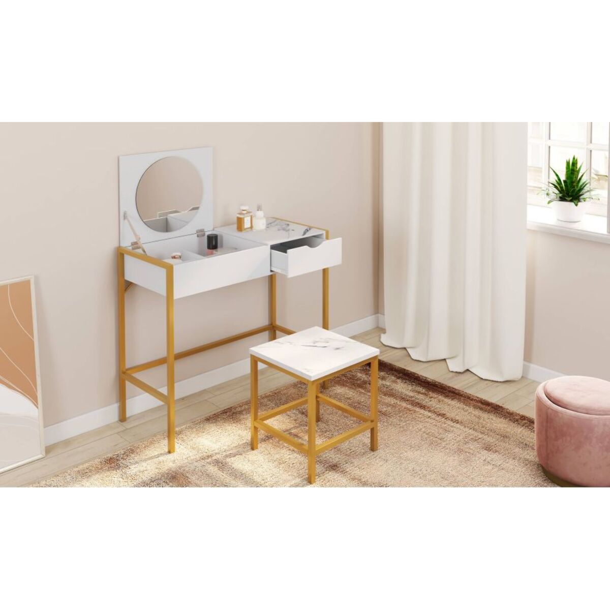 Coiffeuse Glam miroir rabattable avec tabouret