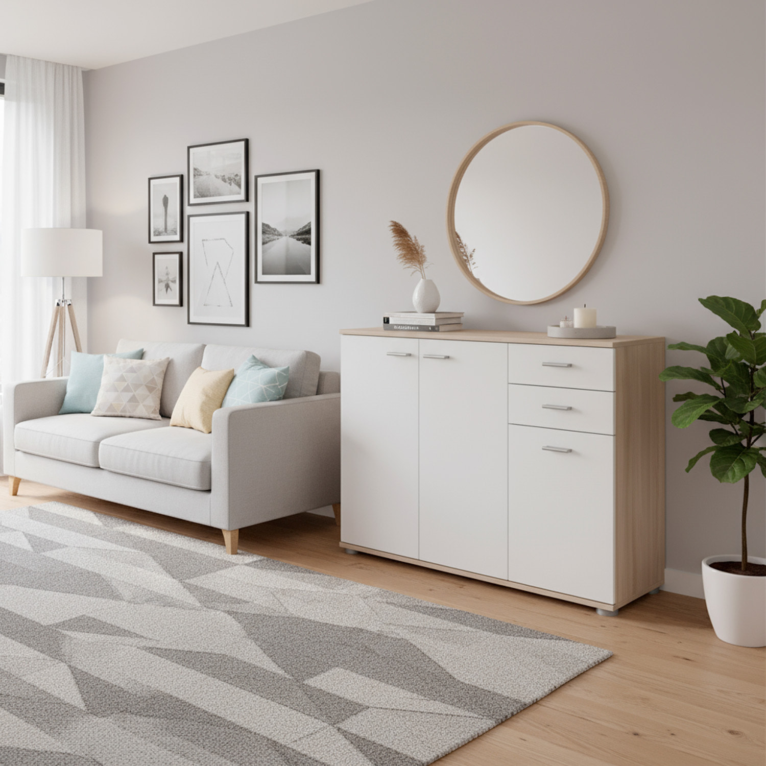 Credenza 3 Ante E 2 Cassetti Credenza Soggiorno Cucina Madia Moderna Multi Spazio Mobile Credenza in Legno Itaca 103 X 70 x 35 Cm Bianco e Rovere