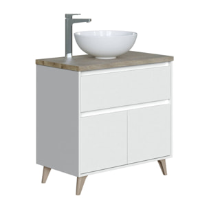 Mobile sottolavabo Berkeley, Mobiletto per bagno a 2 ante e 1 cassetto, Armadietto da terra, lavabo non incluso, 78,5x46h80 cm, Bianco lucido e Olmo