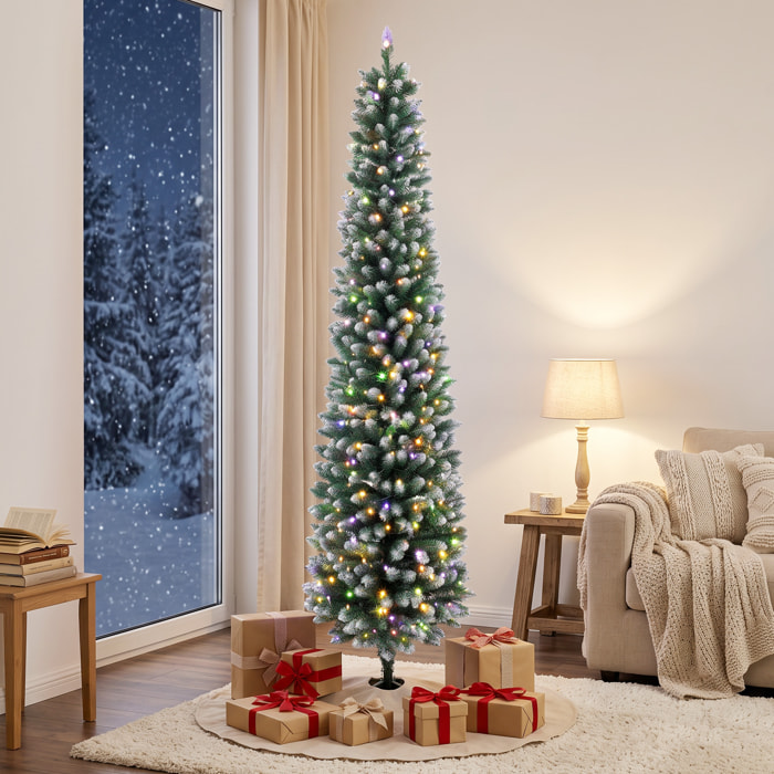 Árbol de Navidad Estrecho con 170 Luces LED Bicolor, 180 cm, Árbol de Navidad de Abeto Nevado, 351 Ramas Ignífugas, 11 Modos, Mando a Distancia, Estructura de Acero, Verde y Blanco