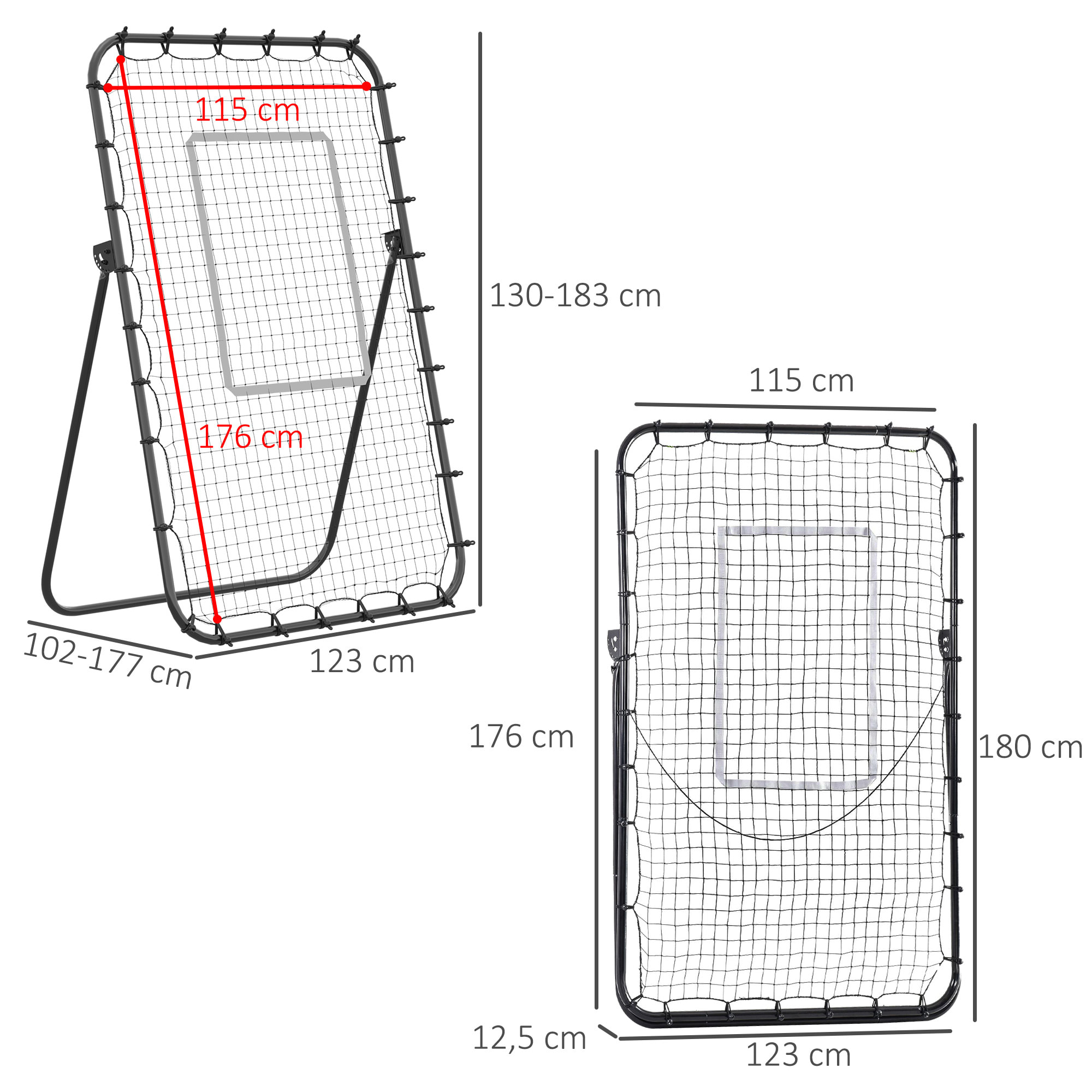 Filet de rebond de football pliable - inclinaison réglable 4 positions hauteur réglable - cible, piquets d'ancrage inclus - filet PE métal époxy noir