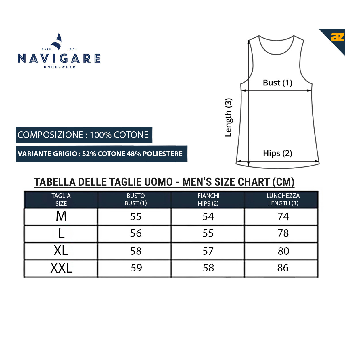 Canotta in 100% Cotone Navigare Art.811 Conf. 2 pz Bianco