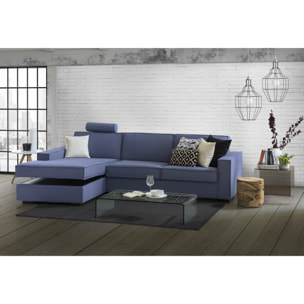 Divano letto con penisola Allaida, Sofà con penisola contenitore Sinistra, Braccioli standard, 100% Made in Italy, Cm 280x95h90, Blu