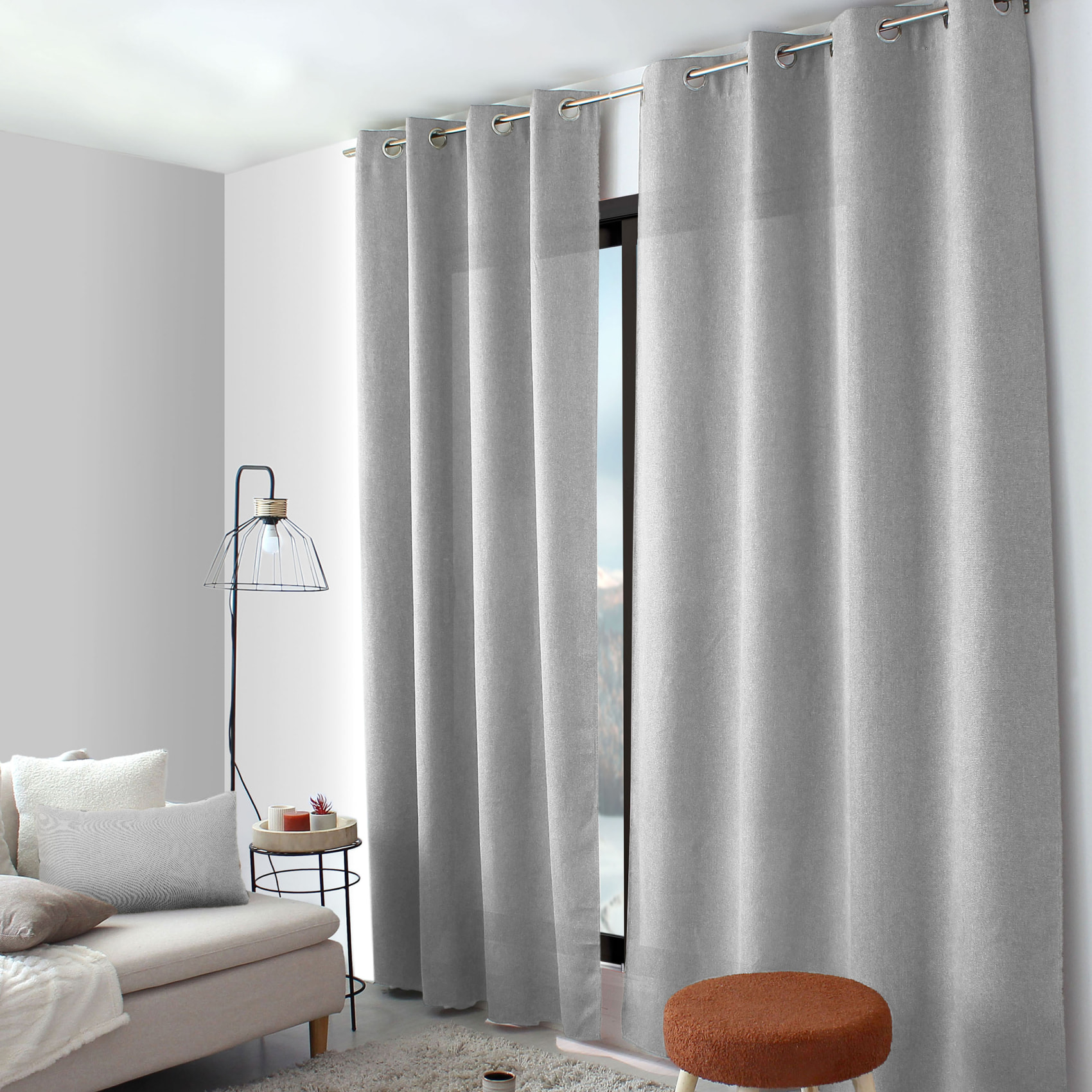 Rideau à oeillets en velours chenillé - Gris clair