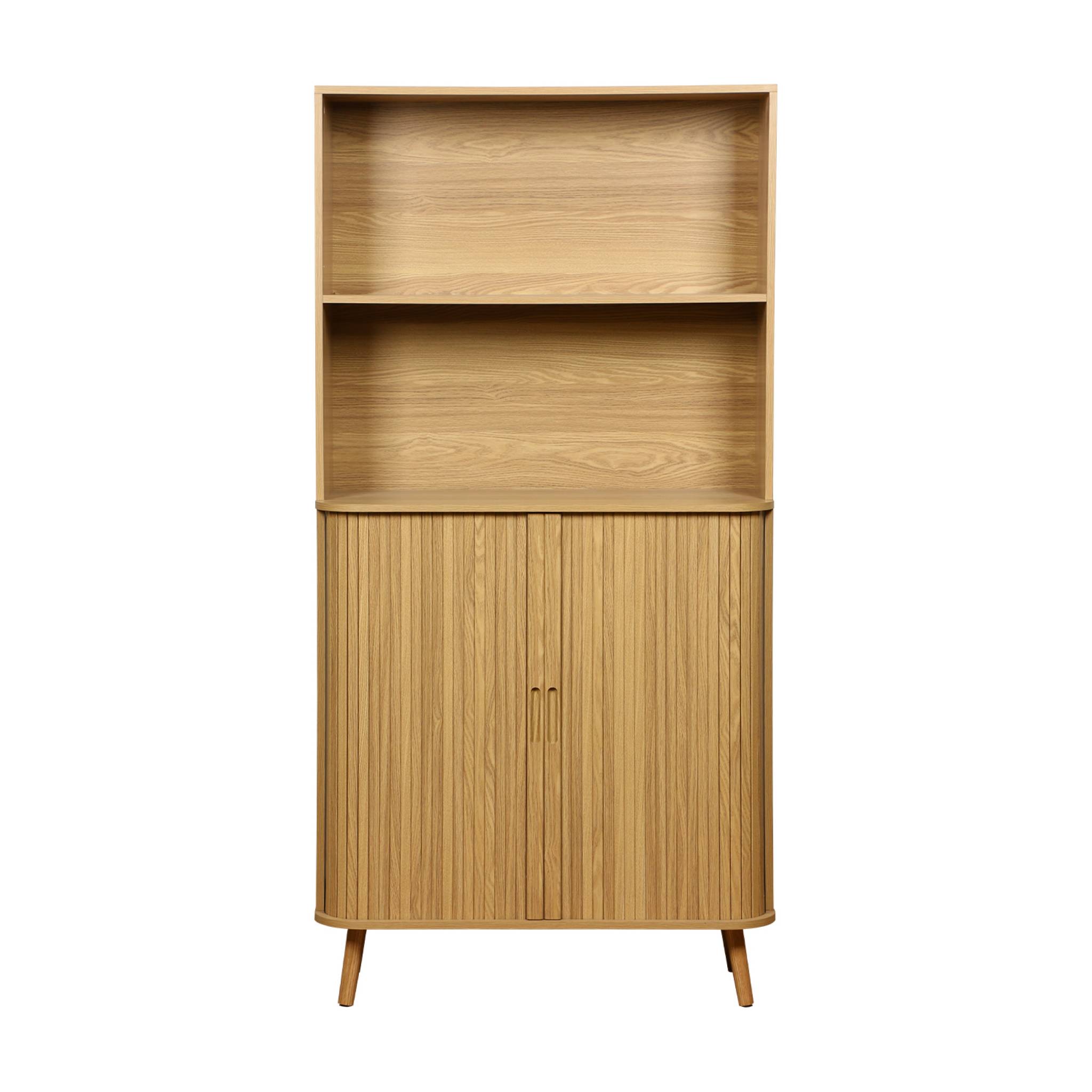 Etagère bibliothèque scandinave. 2 portes coulissantes. 4 niveaux. effet bois rainuré. L 80 x P 45 x H 180cm