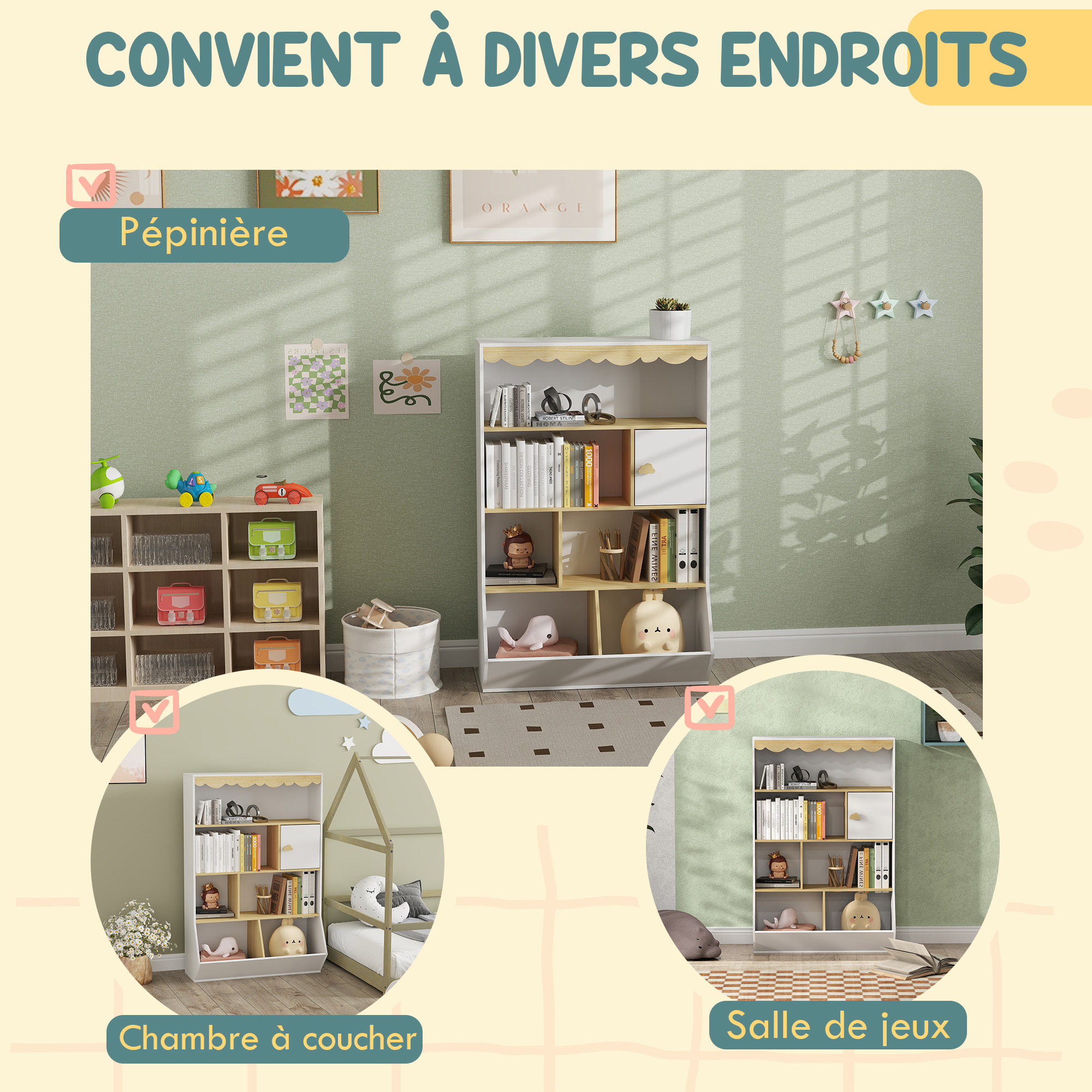 Bibliothèque enfant design nuage - 6 niches et porte - blanc aspect bois