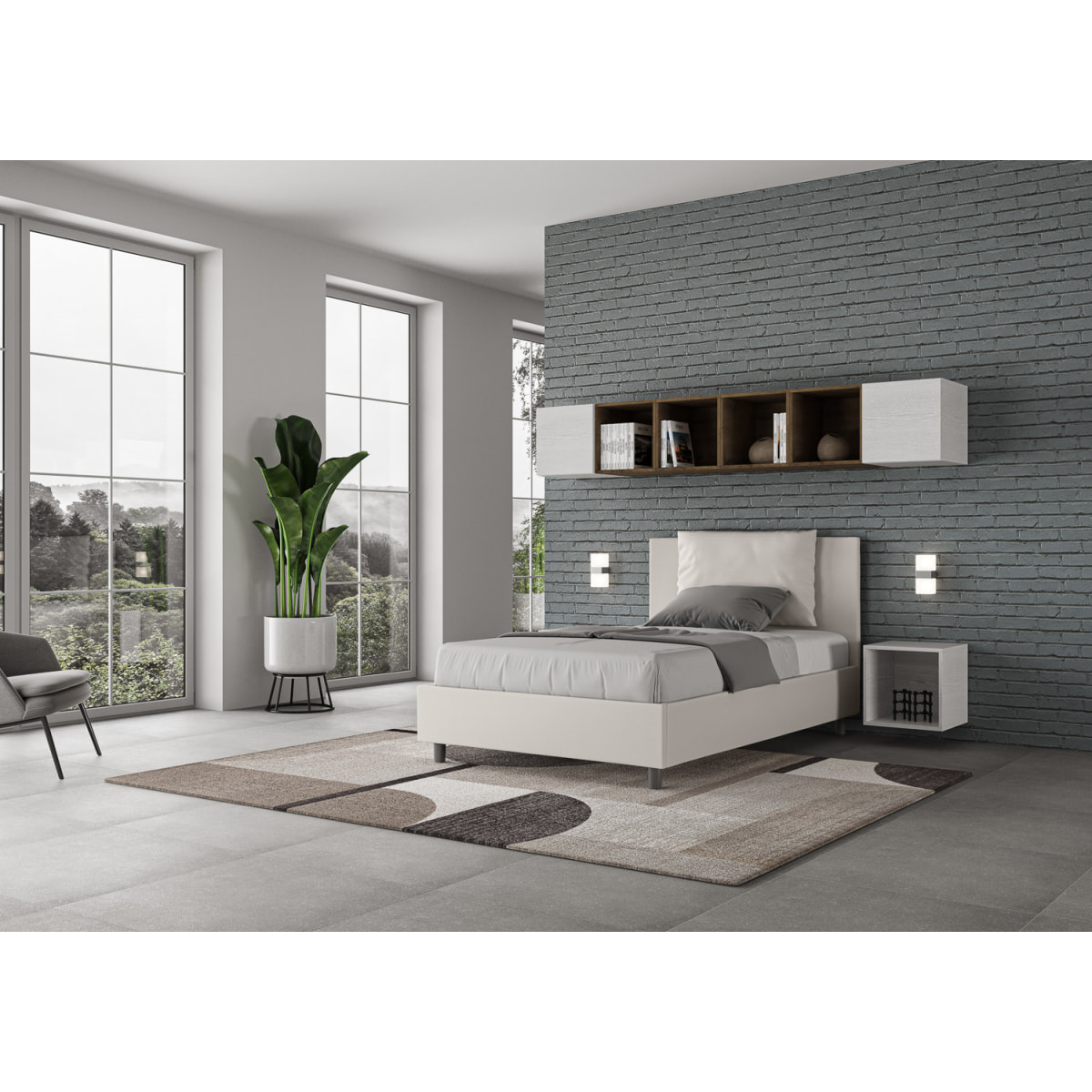 Letto una piazza e mezza contenitore imbottito 120x210 similpelle bianco Antea