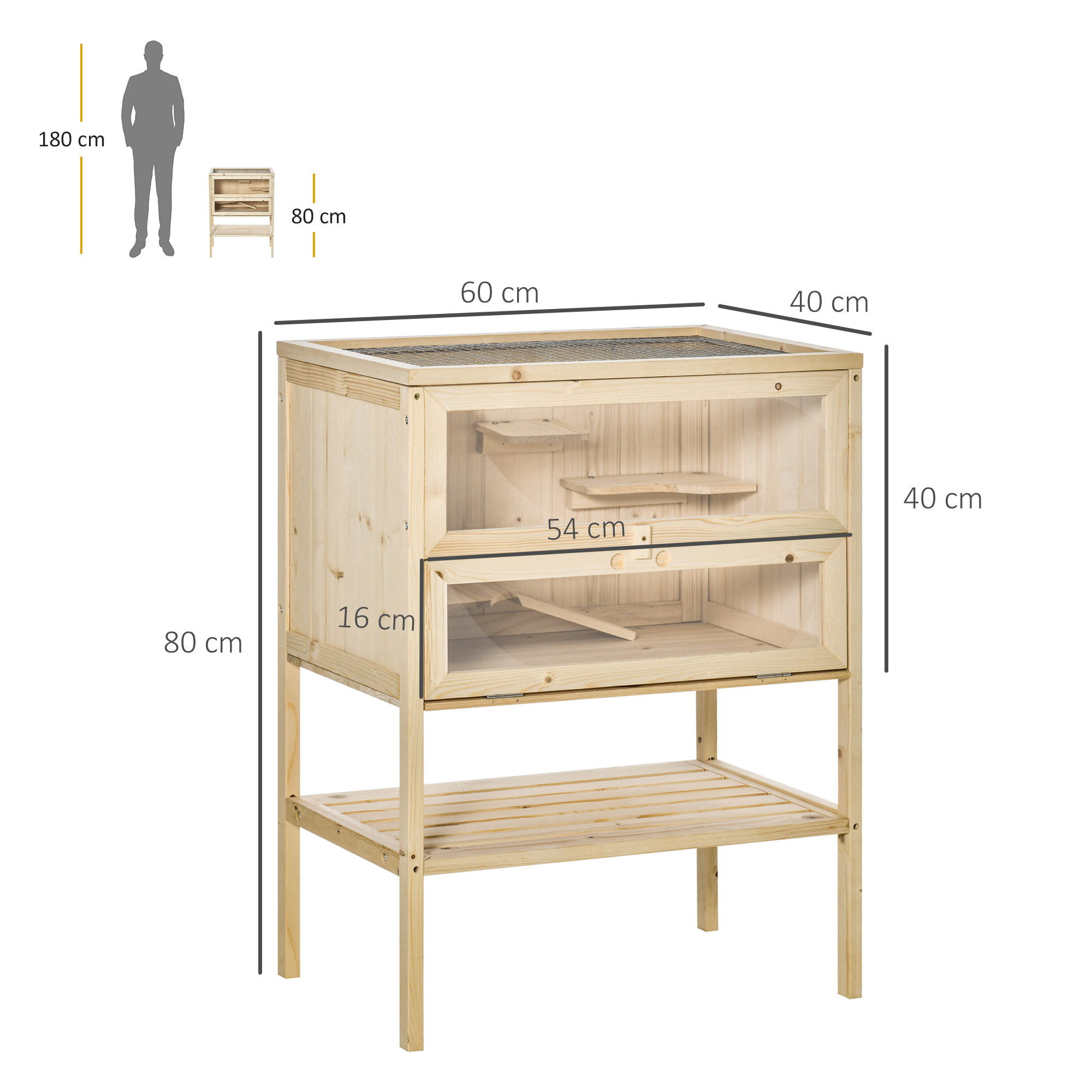 Cage hamster en bois sur pieds - étagère, plateformes, rampe - toit ouvrant, trappe nourrissage