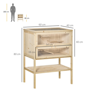 Cage hamster en bois sur pieds - étagère, plateformes, rampe - toit ouvrant, trappe nourrissage
