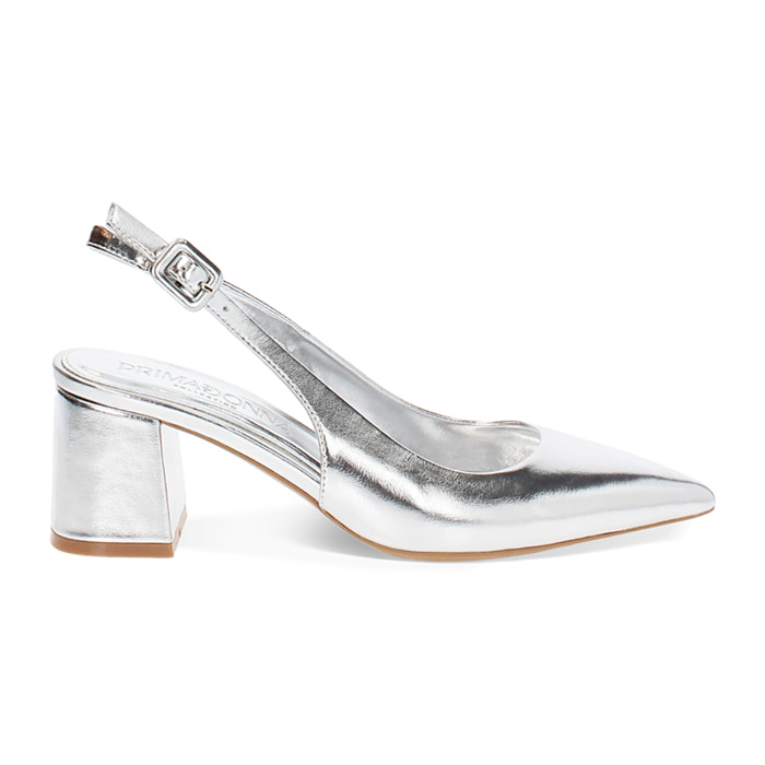 Décolleté slingback donna argentate, tacco largo 6,5 cm