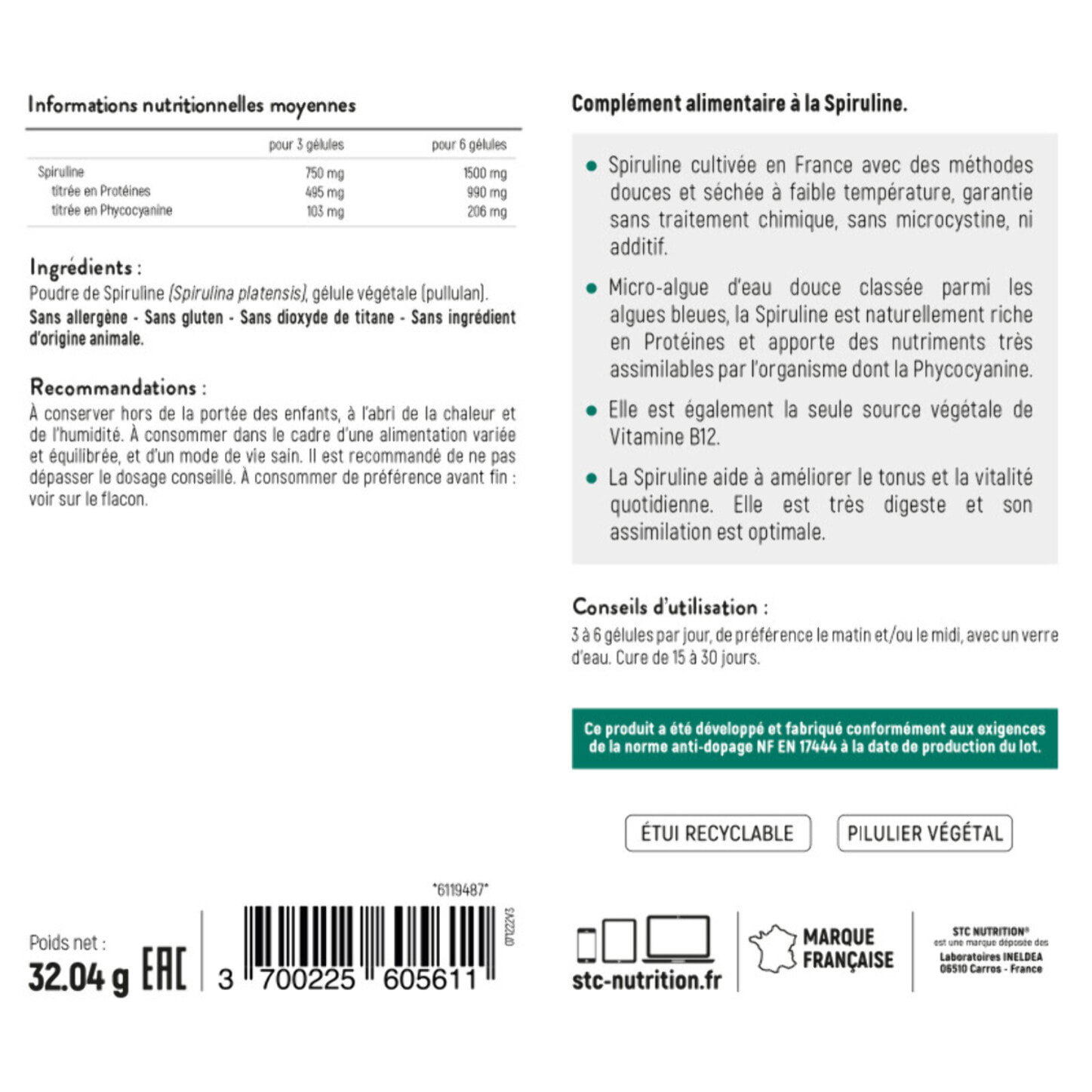 STC NUTRITION - Spiruline 1500 - Complément Alimentaire à Base de Spiruline 100% Française - Qualité Ultra-Pure - Riche en Protéines - Teneur Garantie en Phycocyanines et Chlorophylle - Lot de 3
