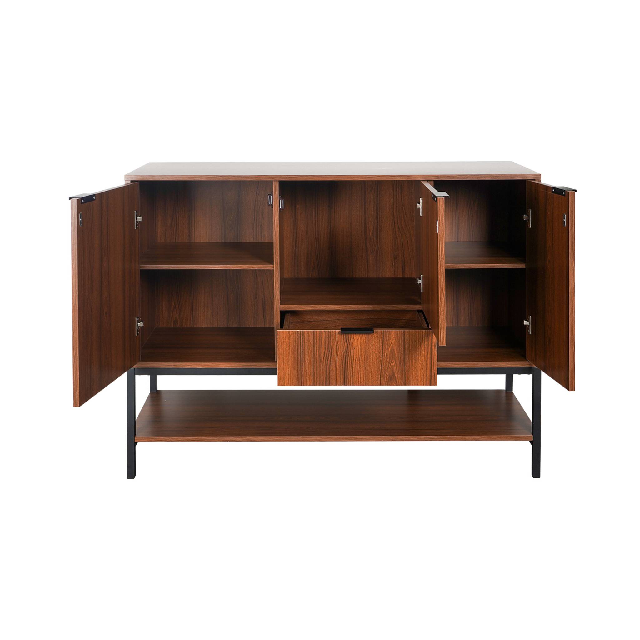 Buffet bas en décor noyer et pieds et poignées en métal noir L110cm - buffet haut. vaisselier. 3 portes. 1 tiroir et 3 étagères