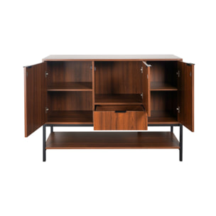 Buffet bas en décor noyer et pieds et poignées en métal noir L110cm - buffet haut. vaisselier. 3 portes. 1 tiroir et 3 étagères