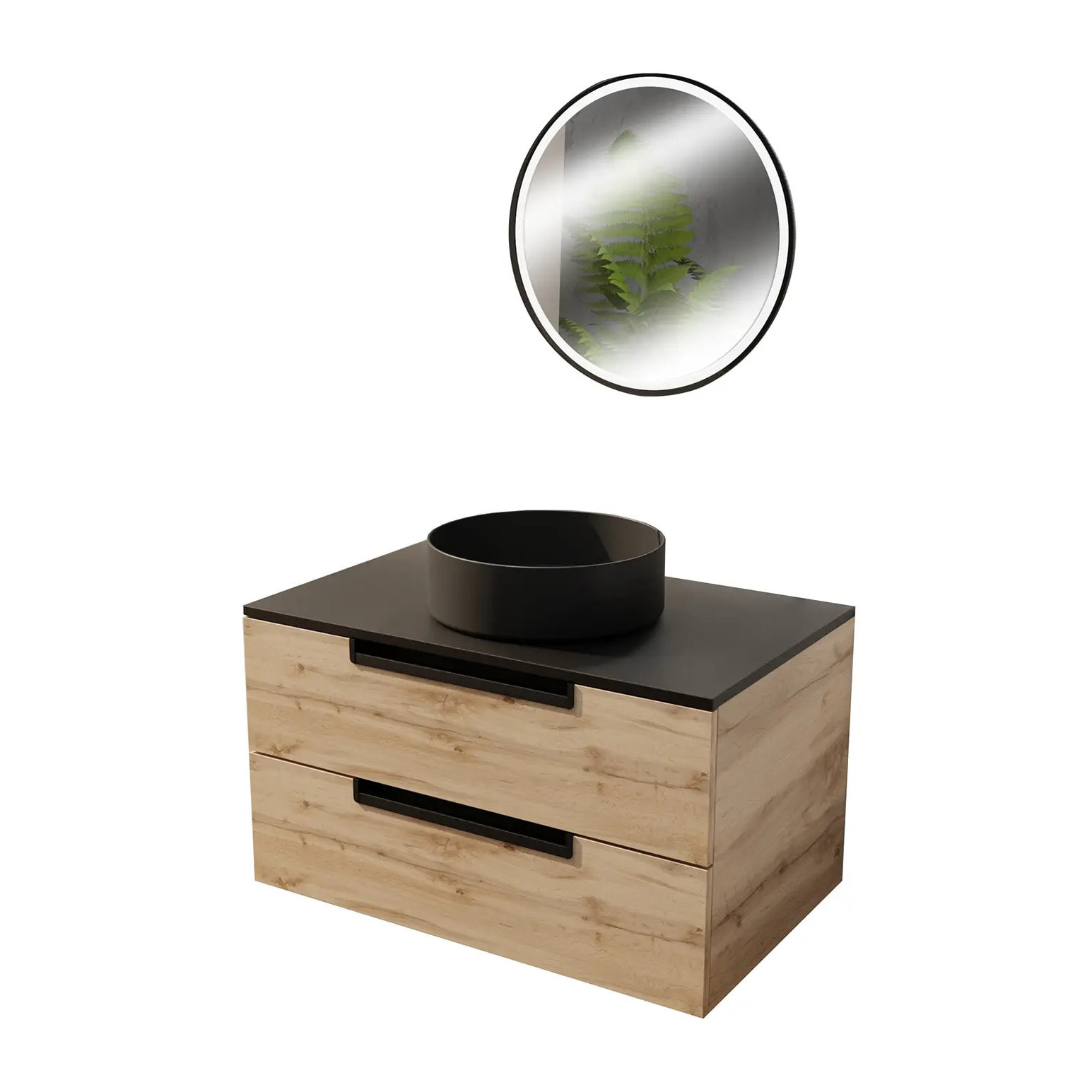 Meuble salle de bains 80cm Decor Bois et Noir, 2 Tiroirs, Vasque Noire 36cm et Miroir Led 50cm