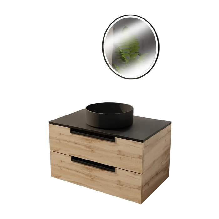 Meuble salle de bains 80cm Decor Bois et Noir, 2 Tiroirs, Vasque Noire 36cm et Miroir Led 50cm