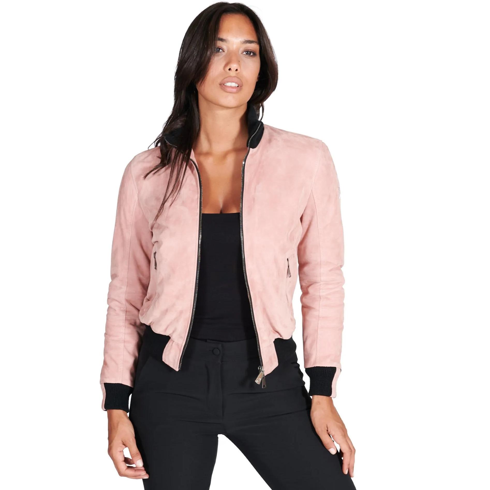 Bomber in pelle scamosciata rosa collo in lana merino a contrasto