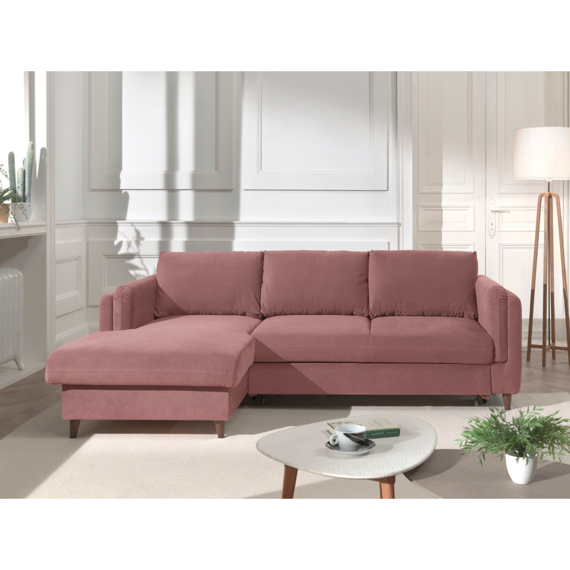 Brooke - canapé d'angle gauche - convertible avec coffre - 4 places - en velours - Rose