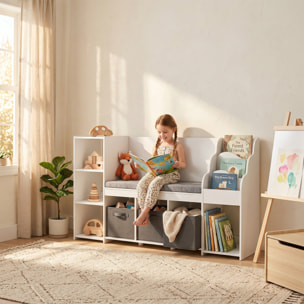 Estantería Infantil Juguetes con Rincón de Lectura, Organizador de Juguetes con Cojín, 3 Cajones de Tela, 3 Estantes, 4 Cubículos, 3-8 Años, Dormitorio, Guardería, 137x40x80 cm, Blanco y Gris