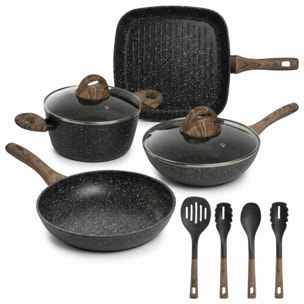 Set pentole e padelle 10 pezzi antiaderente stone, batteria cucina induzione con wok casseruola padella bistecchiera e utensili, rivestimento marmorizzato, manici soft touch effetto legno, adatto a tutti i piani cottura