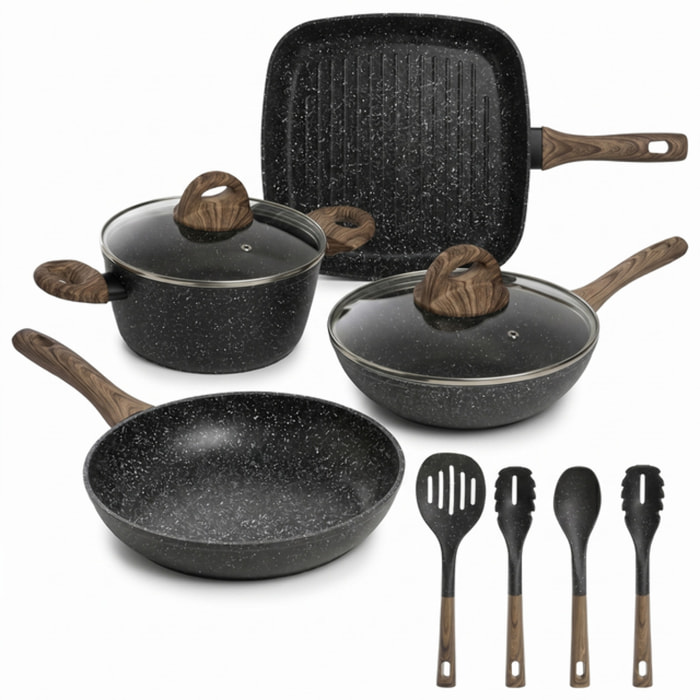 Set pentole e padelle 10 pezzi antiaderente stone, batteria cucina induzione con wok casseruola padella bistecchiera e utensili, rivestimento marmorizzato, manici soft touch effetto legno, adatto a tutti i piani cottura