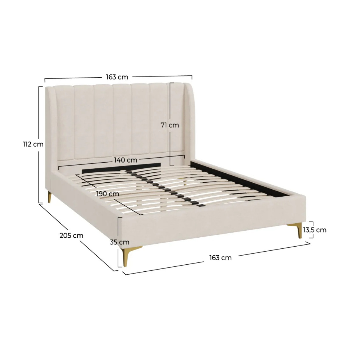 Lit double 140x190 cm en tissu beige et pieds doré - Koda