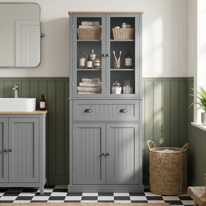 Armoire de cuisine buffet haut 4 portes grand tiroir coulissant dim. 76L x 40l x 182H cm panneaux gris verre