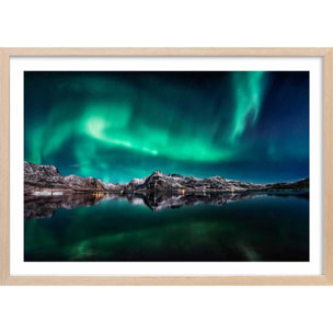 Poster lofoten aurora reflection Affiche + cadre en bois - Chêne