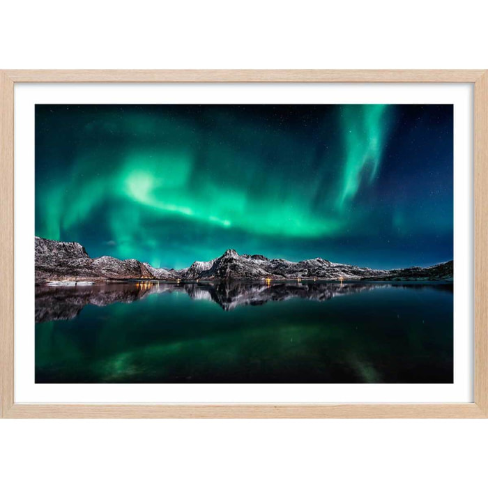 Poster lofoten aurora reflection Affiche + cadre en bois - Chêne