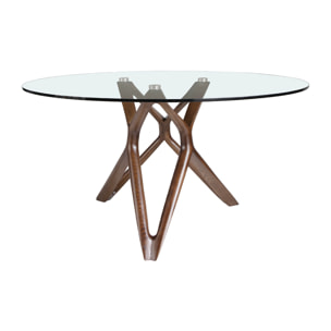 Mesa comedor redonda con tapa de cristal templado y patas en madera maciza de fresno en nogal 130x130x75cm