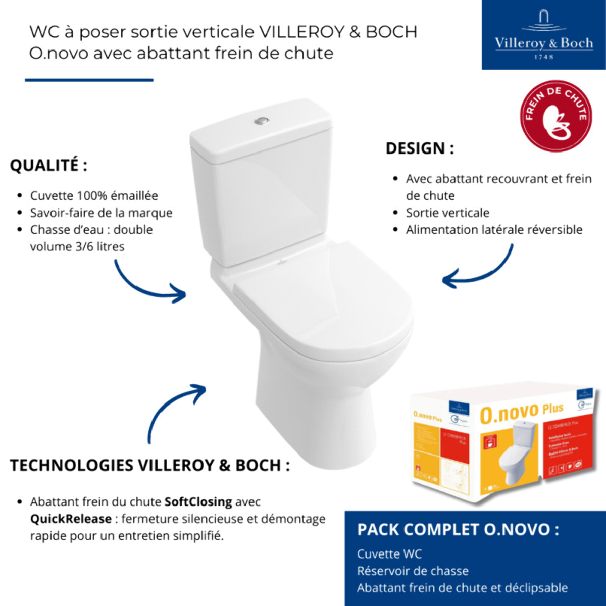 WC à poser sortie verticale VILLEROY & BOCH O.novo avec abattant frein de chute