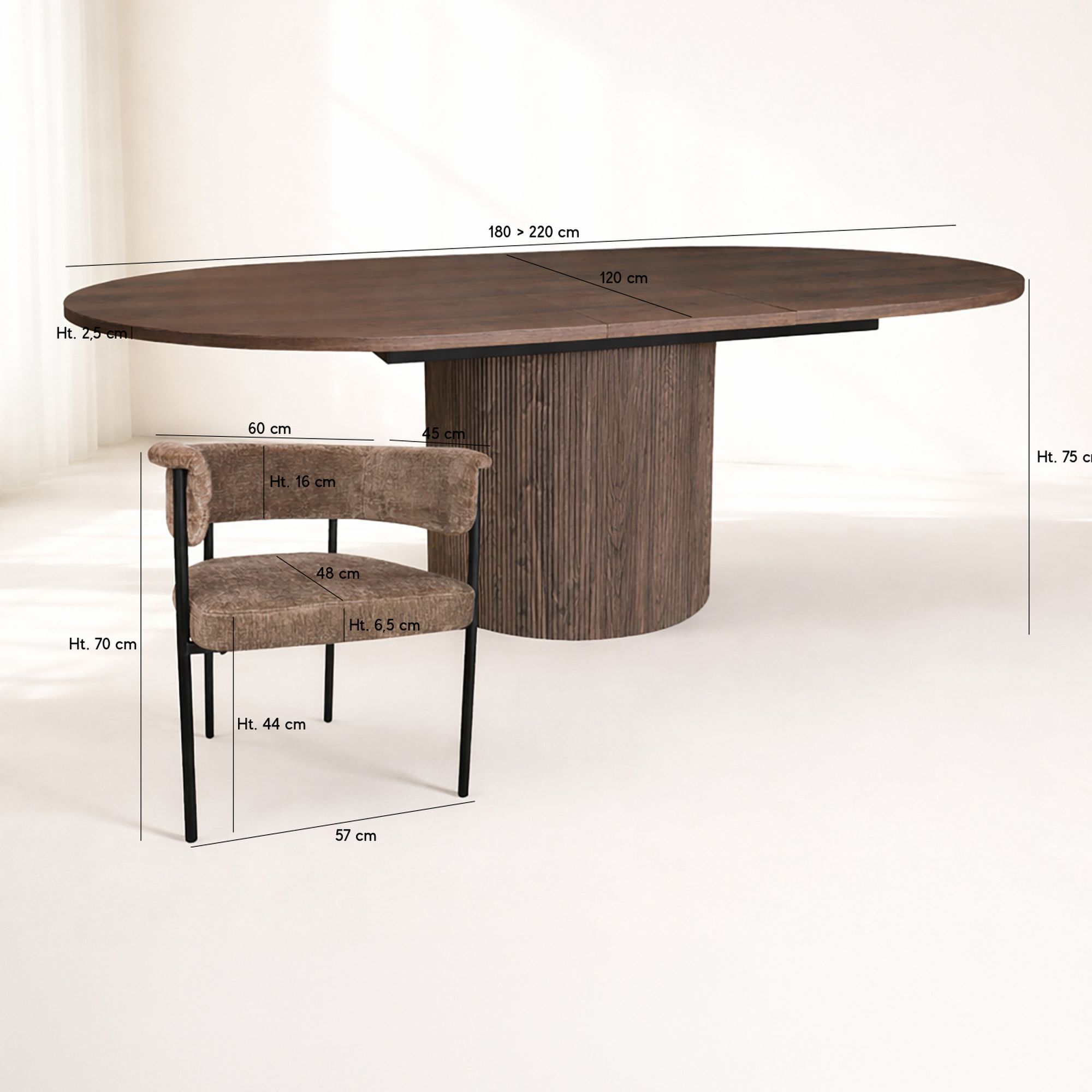 Ensemble table extensible ovale et 6 fauteuils en tissu café