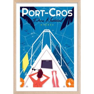 Poster de bronzette à port cros Affiche + cadre en bois - Chêne