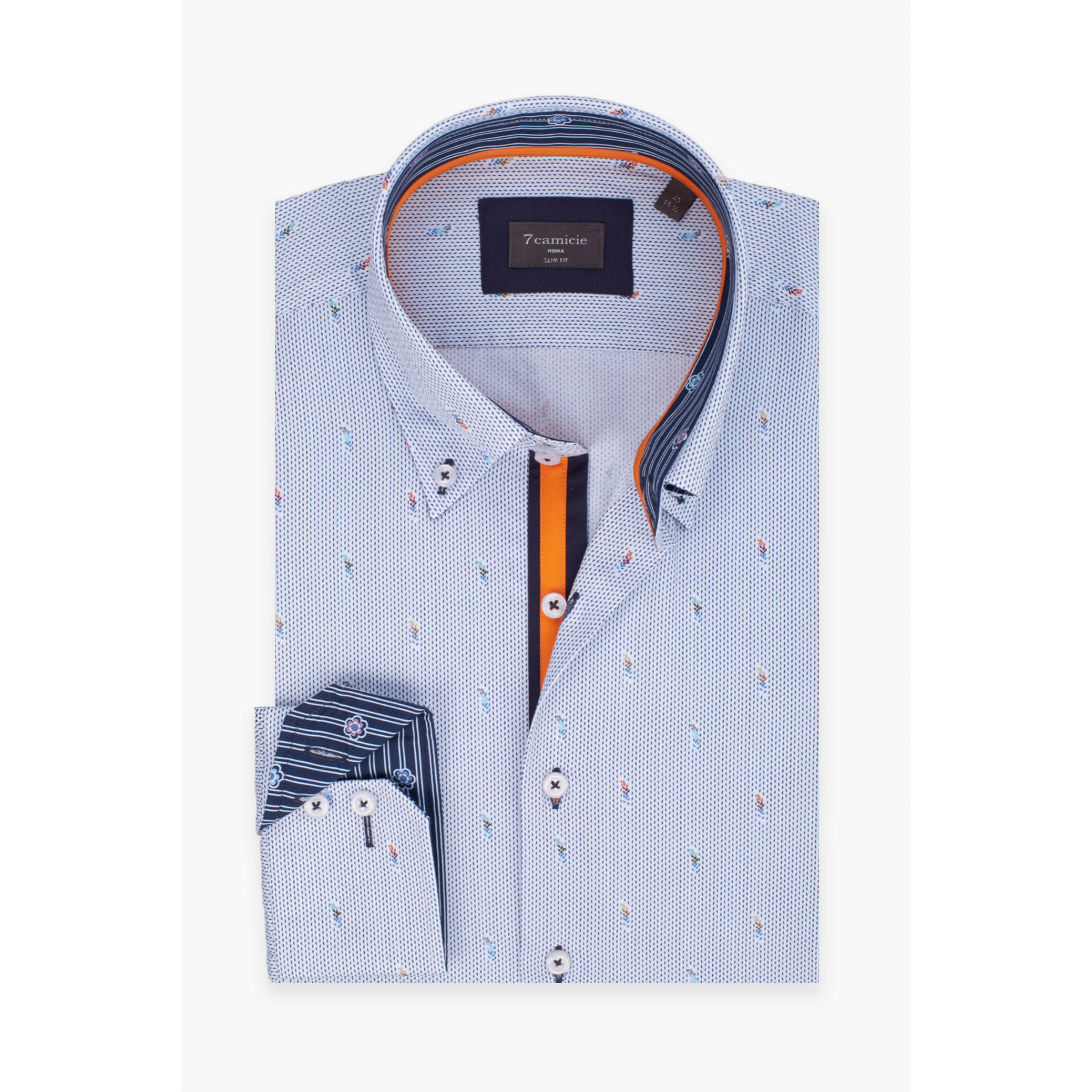 Camicia Uomo 2 Bottoni Button Down Slim Armaturato Fantasia Bianco e Blu