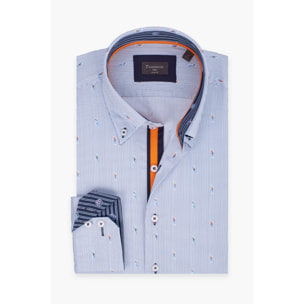 Camicia Uomo 2 Bottoni Button Down Slim Armaturato Fantasia Bianco e Blu