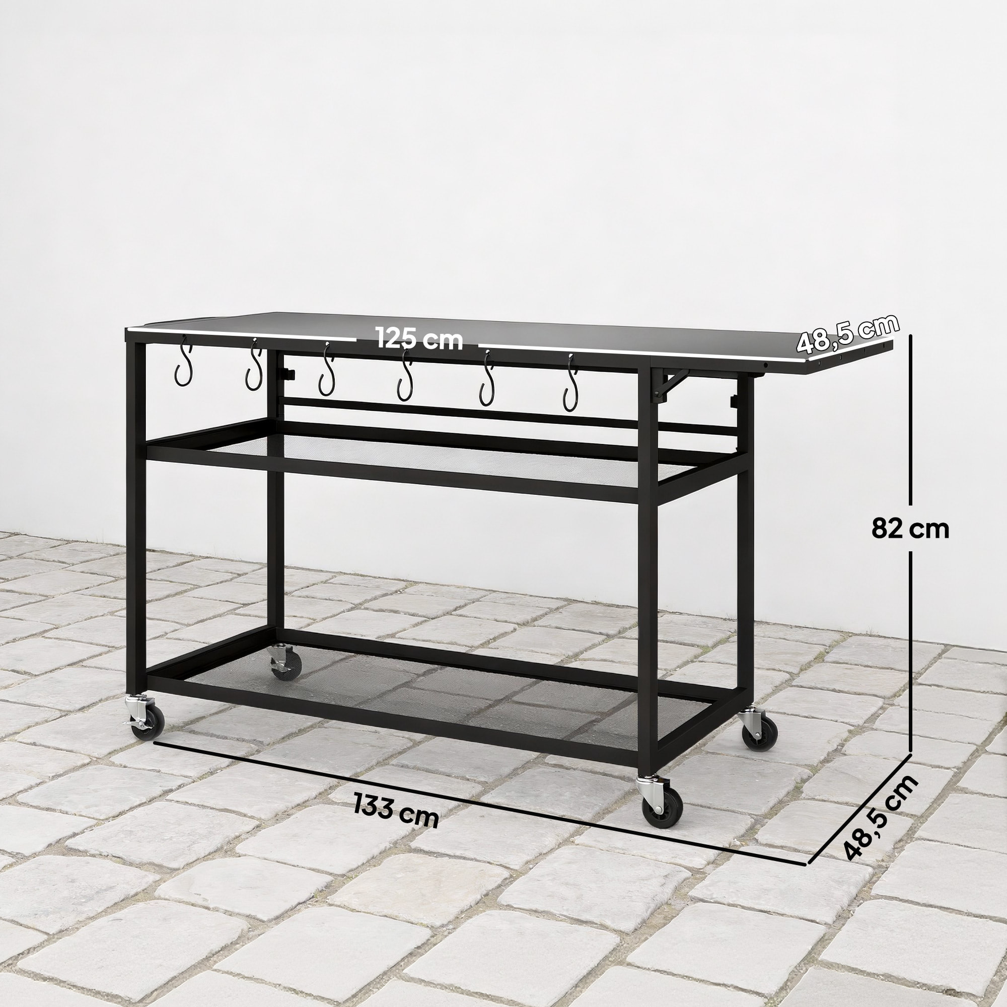 Desserte jardin métal 2 étagères mailles plateau à tablette latérale pliable noir