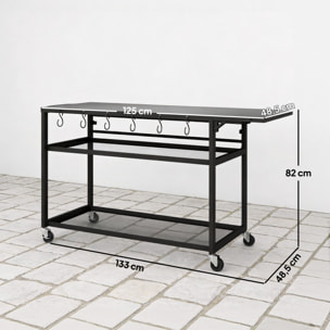 Desserte jardin métal 2 étagères mailles plateau à tablette latérale pliable noir