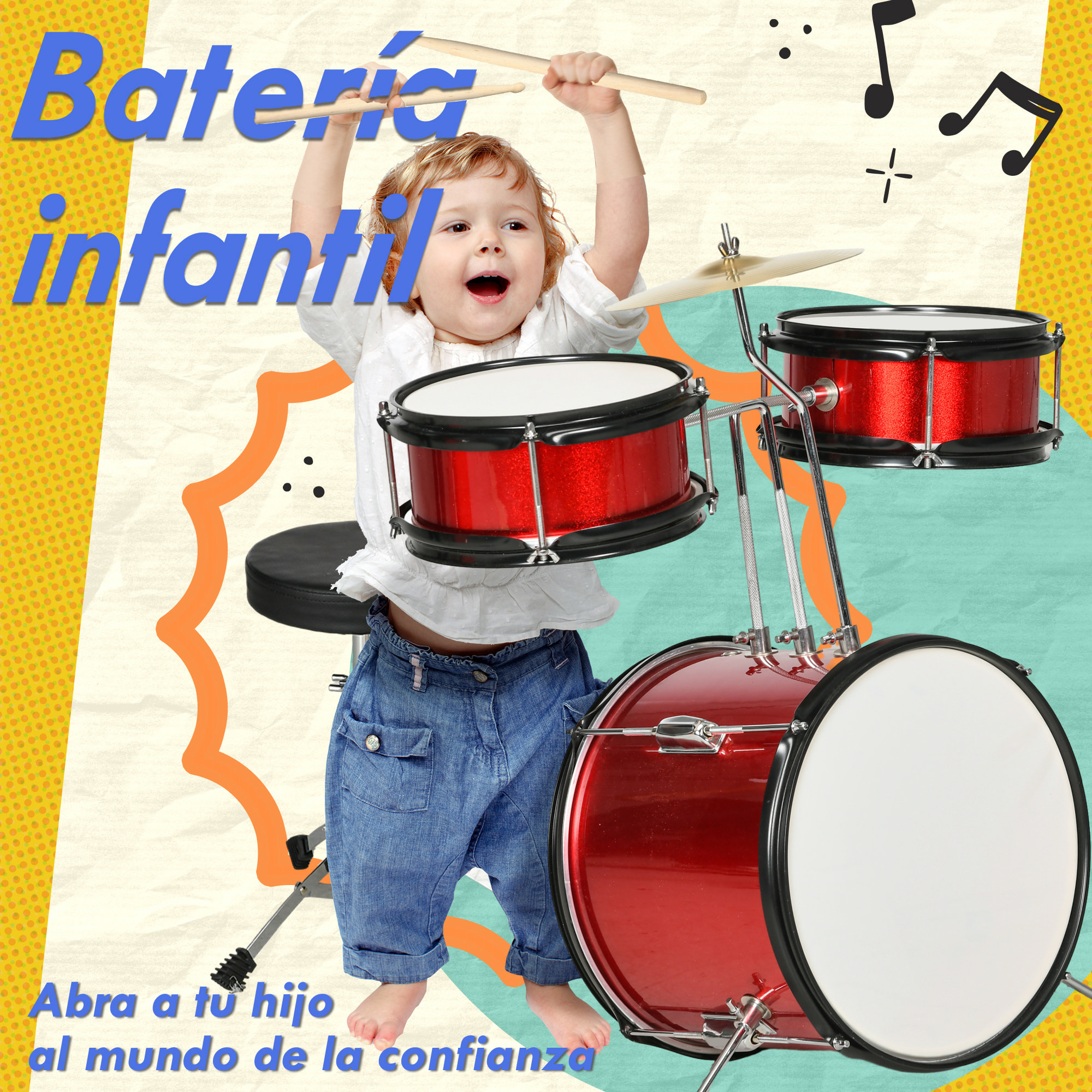 Batería Infantil con Taburete Ajustable Batería para Niños de +3 Años con Tambores Bombo Platillo Pedal y Baquetas 80x60x48-65 cm Rojo