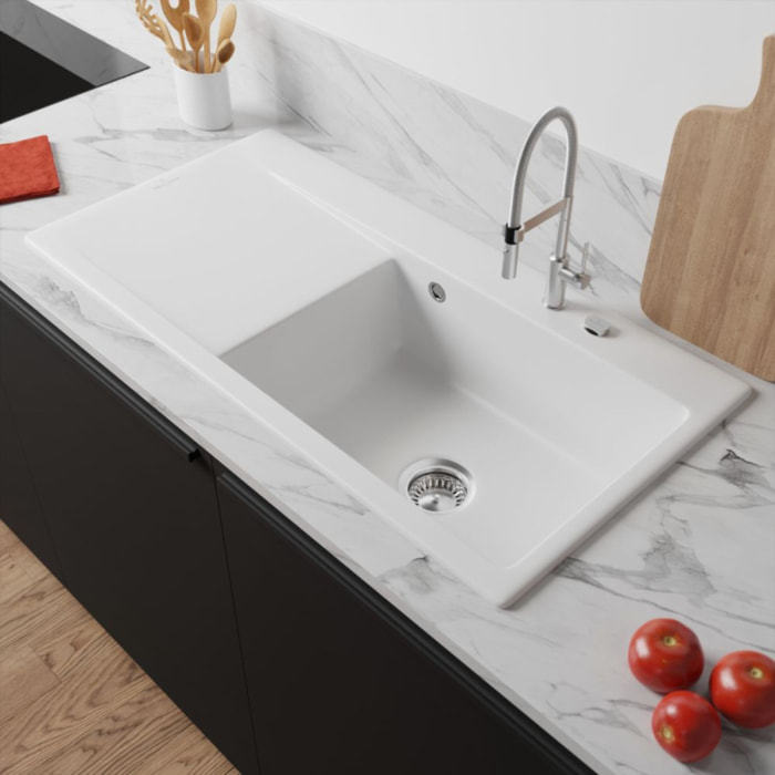 Evier a encastrer 1 bac Subway Style 60 egouttoir à gauche vidage manuel Blanc CeramicPlus