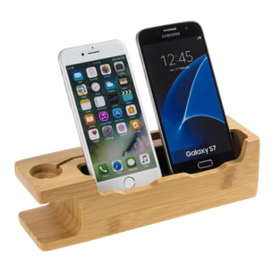 Soporte de madera para 2 smartphones, iWatch y stand multiusos.