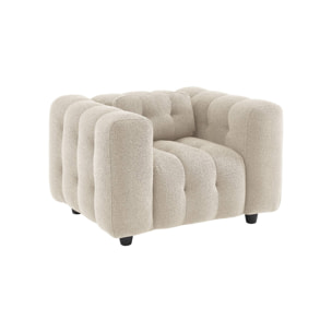 Fauteuil 1 place en bouclette texturée capitonné beige structure bois d'eucalyptus et contreplaqué