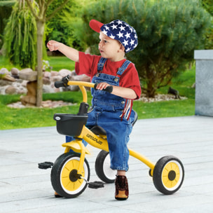 Tricycle enfant multi-équipé garde-boue sonnette panier pédales antidérapantes siège réglable avec dossier métal jaune