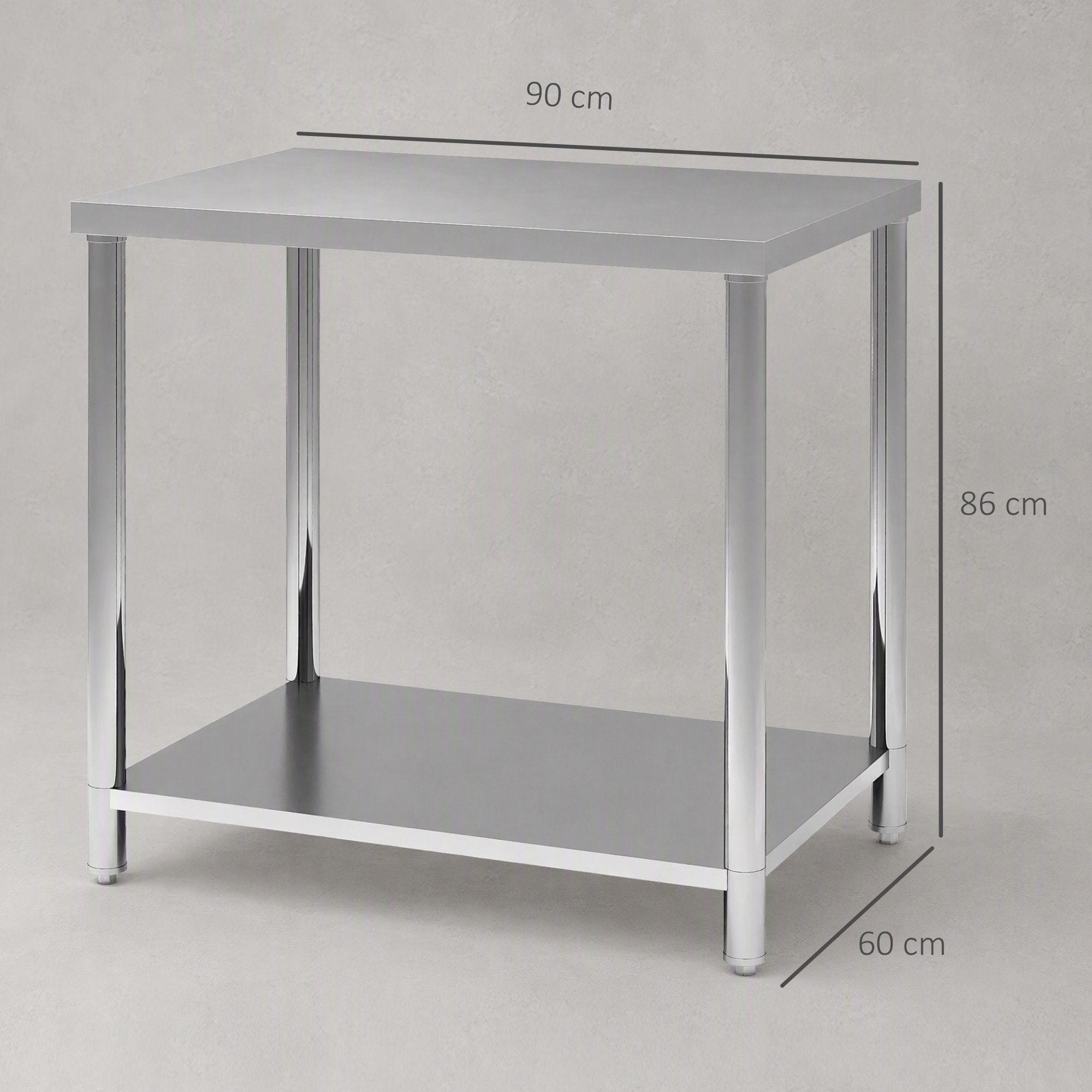 HOMCOM Mesa de Trabajo de Acero Inoxidable con 2 Estantes, Banco de Trabajo Taller Resistente para Cocina, Garaje, Carga 100 kg, 90x60x86 cm, Plata